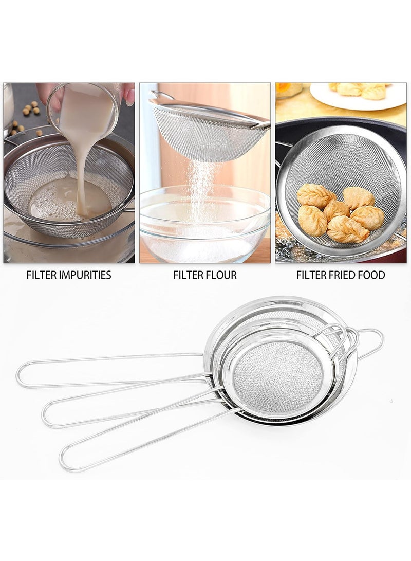 مجموعة مصافي شبكية دقيقة من الفولاذ المقاوم للصدأ، مناخل صغيرة متوسطة كبيرة الحجم بمقبض معزول، مناخل مطبخ متينة مكونة من 3 قطع للدقيق والشاي والعصير والمزيد (3 قطع 3 مقاسات مع غطاء بلاستيكي) - Image 5